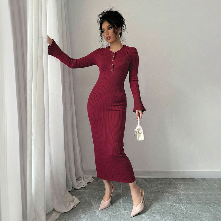 Damen Langarm-Kleid mit figurbetonendem Rippdesign und schickem Kragen Drune