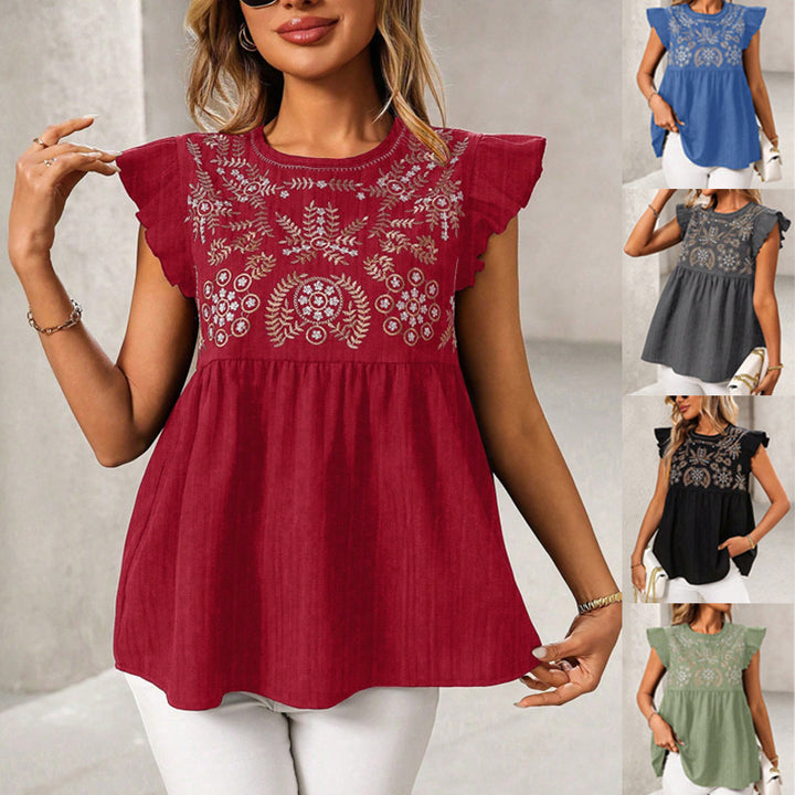 Damen Lockeres besticktes Babydoll-Top mit Rüschenärmeln Drune