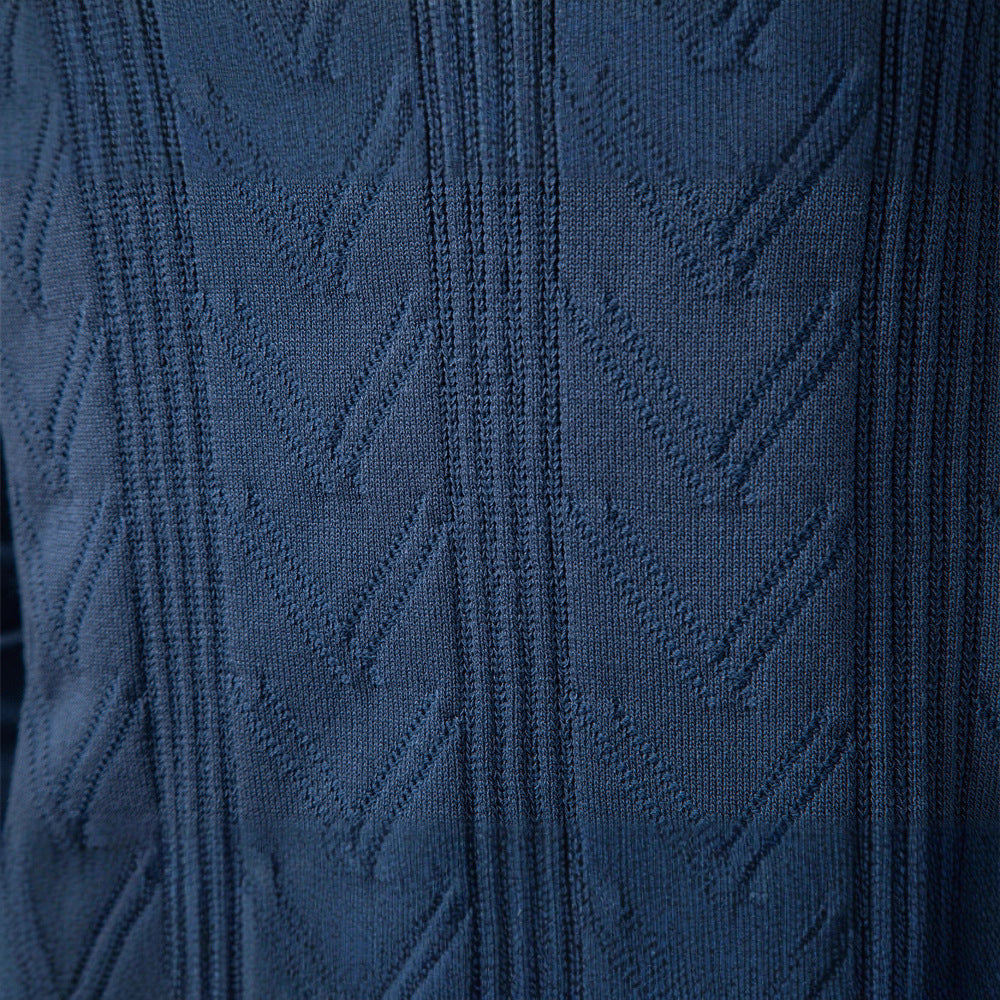 Herren nan feiner Strick-Polopullover mit V-Ausschnitt, Zickzackstruktur und Kentkragen Drune
