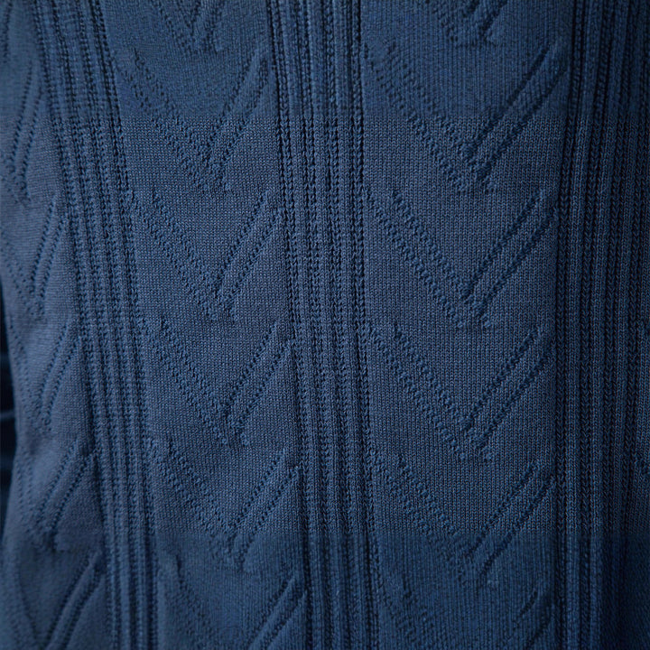 Herren nan feiner Strick-Polopullover mit V-Ausschnitt, Zickzackstruktur und Kentkragen Drune