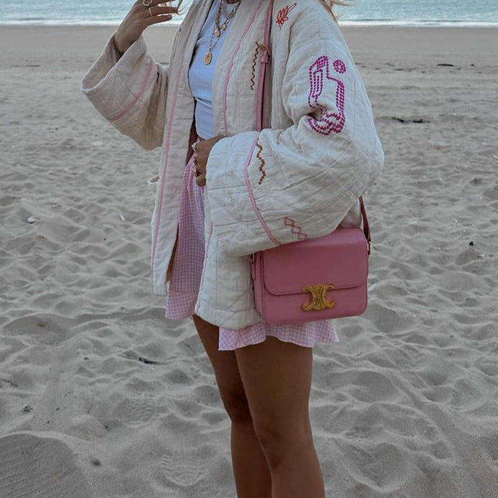 Damen Modische Kimono-Jacke mit bunten Stickdetails und Taschen Drune