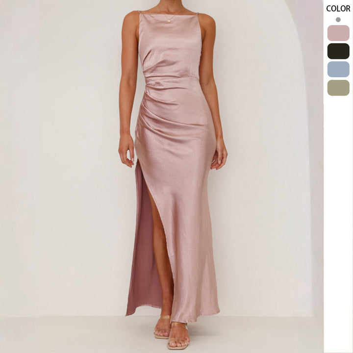Damen Elegantes Satin-Maxikleid mit seitlichem Schlitz und schmalen Spaghettiträgern Drune
