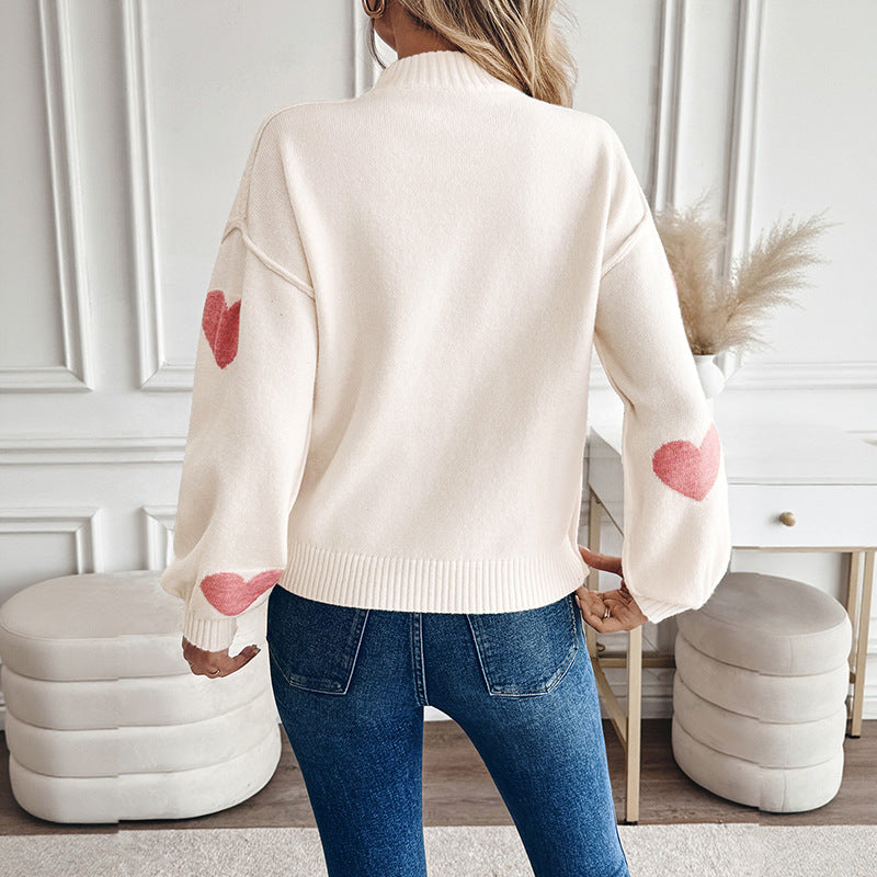 Damen Kuscheliger Strickpullover mit Herzjacquard und Stehkragen Drune