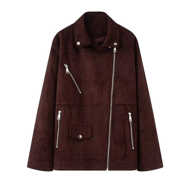 Damen nan lange Oversize-Bikerjacke in Veloursoptik mit diagonalem Reißverschluss und Mehrfachtaschen Drune