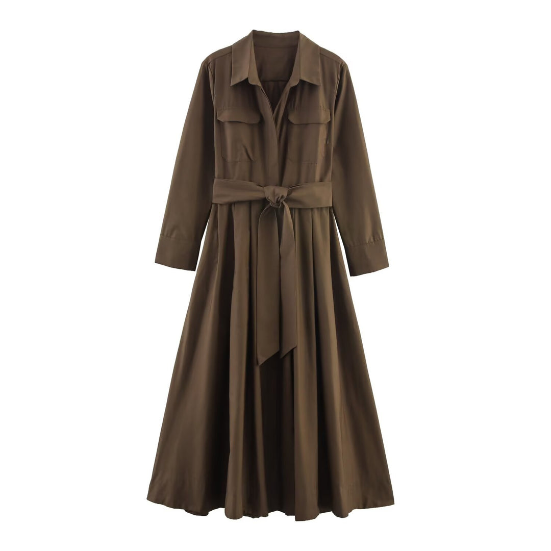 Damen Hemdblusenkleid mit Taillengürtel und A-Linien-Skirt Drune