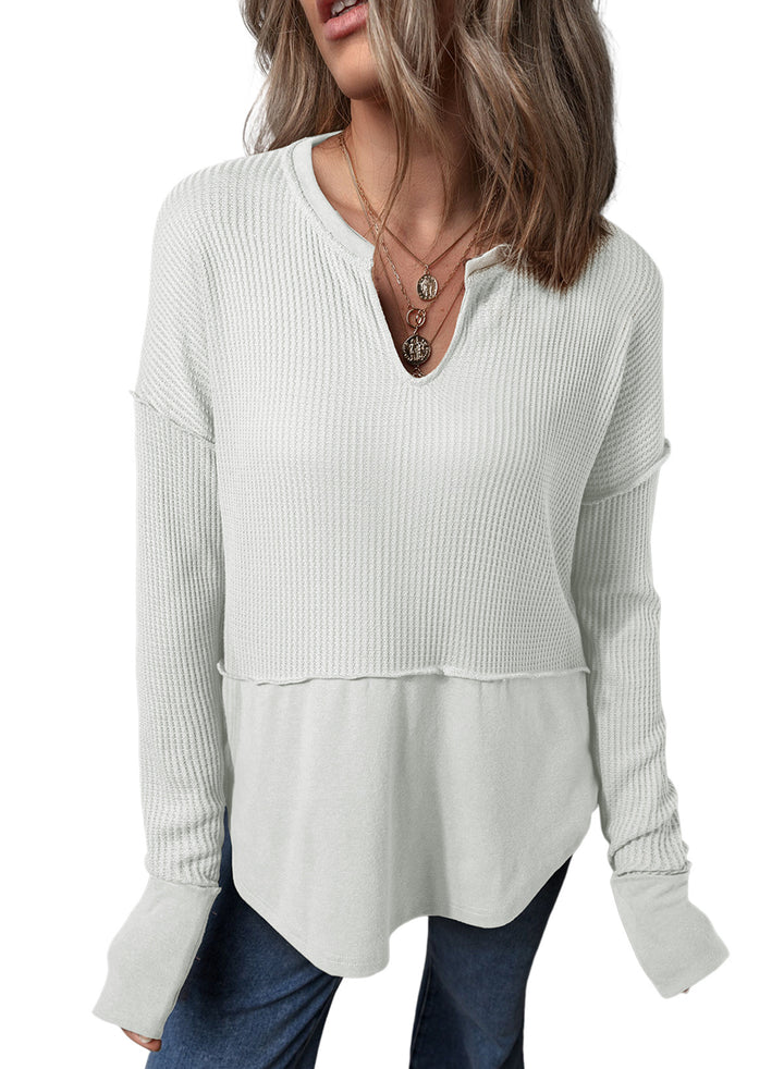 Damen Oversize-Pullover mit Waffle-Struktur, V-Notch und überschnittener Schulter Drune