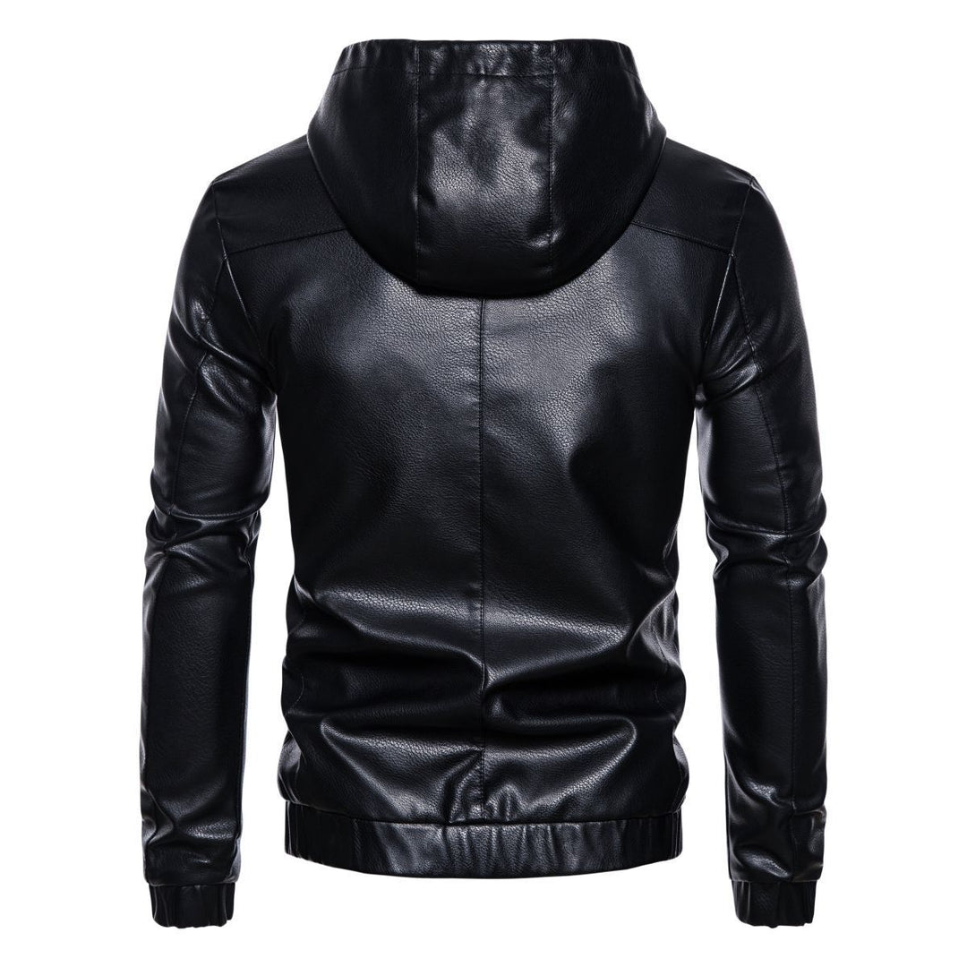 Herren Kapuzen-Lederjacke im Bikerstil mit Reißverschluss und schmaler Silhouette Drune