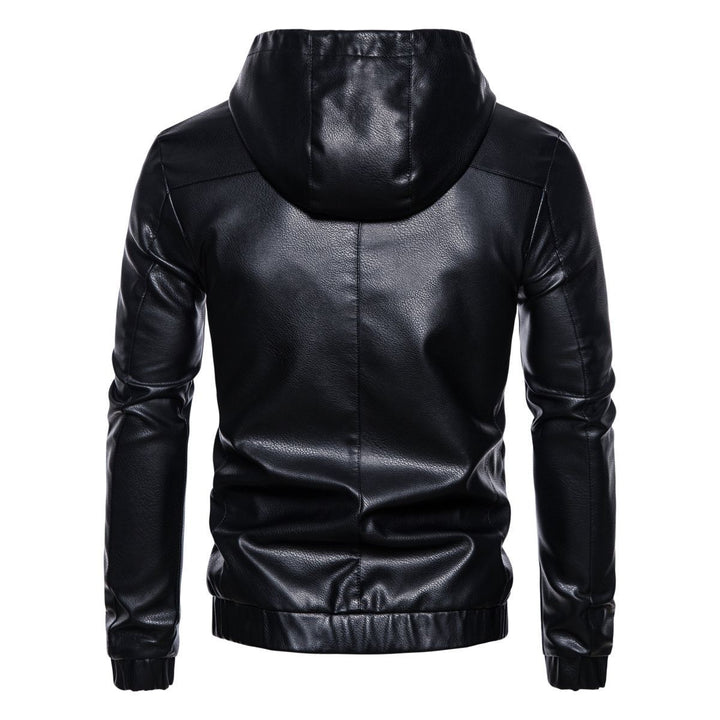 Herren Kapuzen-Lederjacke im Bikerstil mit Reißverschluss und schmaler Silhouette Drune