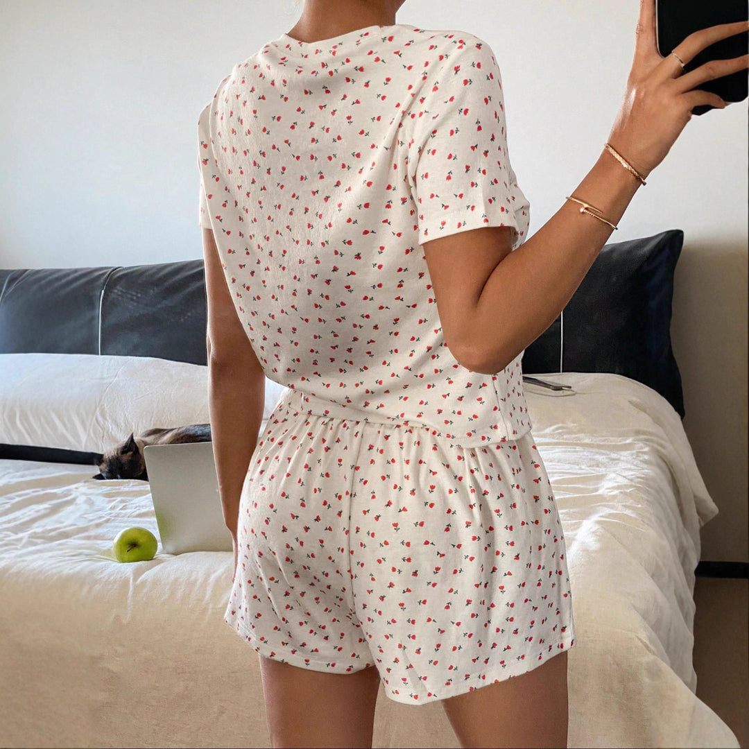 Damen lässiges Schlafanzugset aus atmungsaktivem Baumwollstoff mit zartem Blumendruck Drune