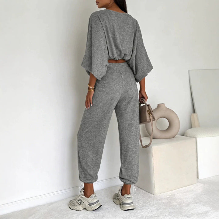 Damen Lässiges Strick-Lounge-Set mit Fledermausärmeln und High-Waist-Joggpants Drune
