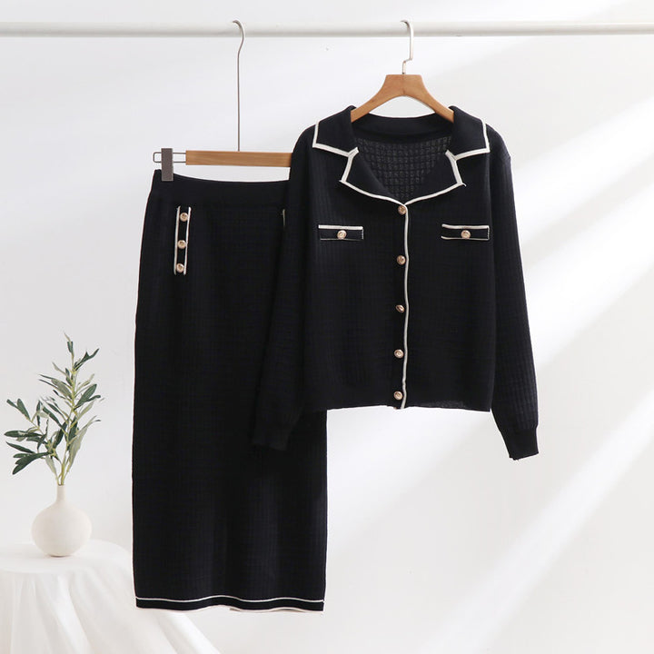 Damen elegantes Strickensemble mit dekorativem Kragen und aufgesetzten Taschen Drune