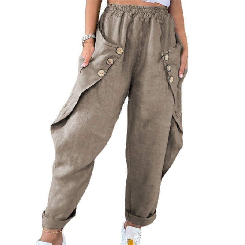 Damen lässige Sommerhose mit Knopfdetails und praktischen Seitentaschen Drune