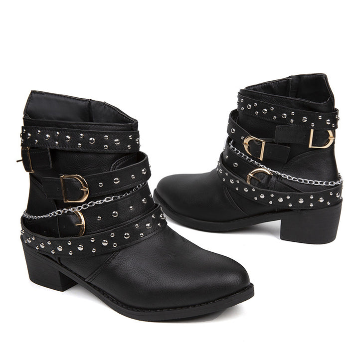 Damen Stiefeletten mit modischen Schnallen und dekorativen Nieten Drune
