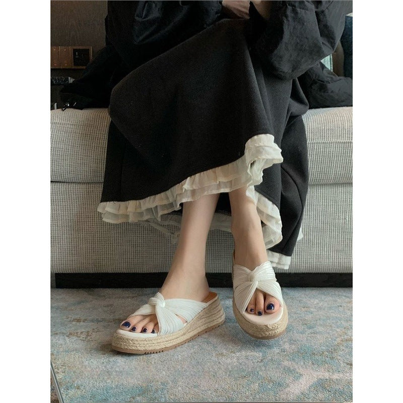 Damen Plateau-Espadrilles mit geknoteten Faltenriemen und geflochtener Jute-Sohle Drune
