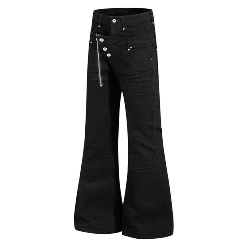 Damen Weite Schlaghose aus Denim mit asymmetrischem Reißverschluss und Knopfverschluss Drune