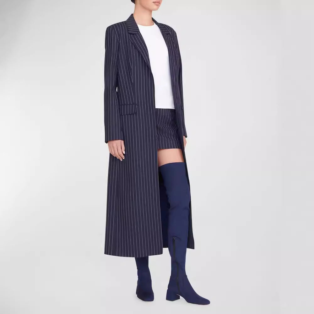 Damen Oversize Longline-Mantel im Nadelstreifen-Look mit Schlitz und Pattentaschen Drune