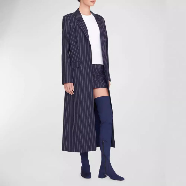 Damen Oversize Longline-Mantel im Nadelstreifen-Look mit Schlitz und Pattentaschen Drune