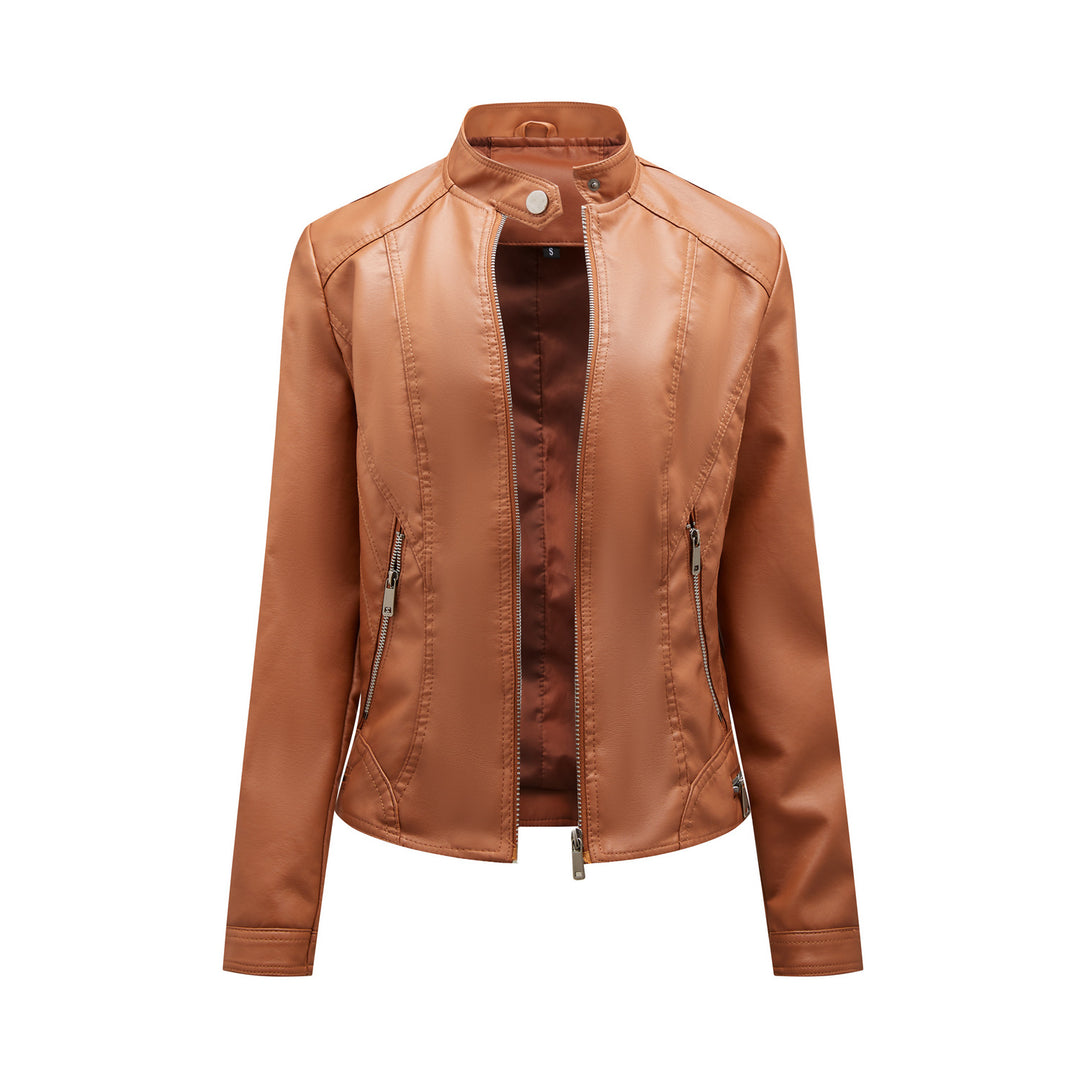 Damen modische Kunstlederjacke mit elegantem Stehkragen und praktischen Reißverschlusstaschen Drune