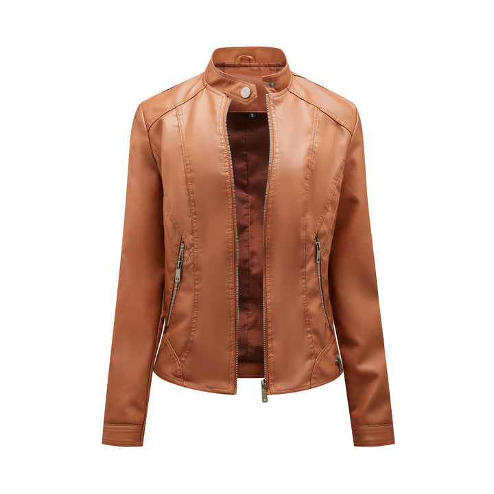 Damen modische Kunstlederjacke mit elegantem Stehkragen und praktischen Reißverschlusstaschen Drune
