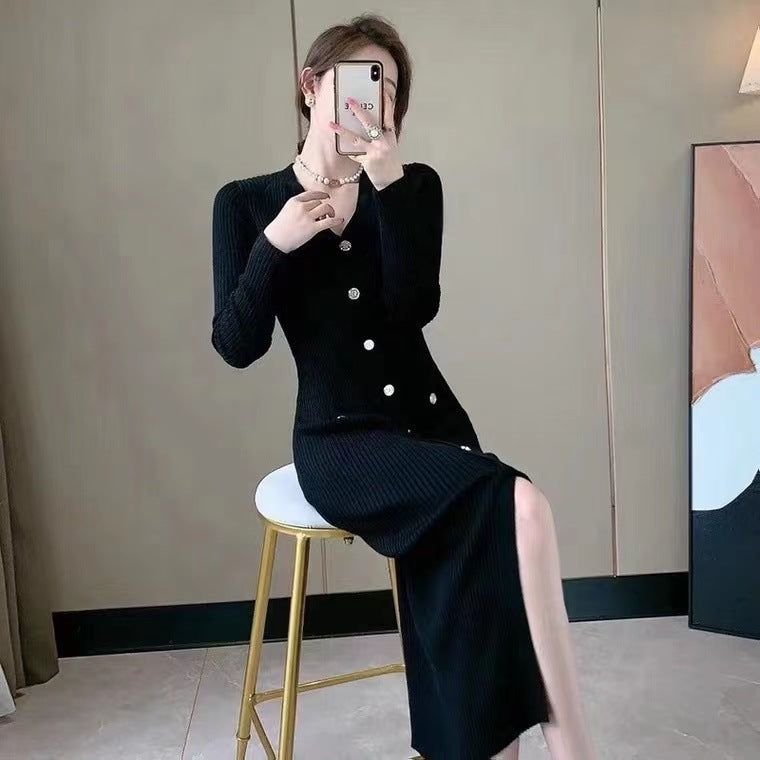 Damen Midi-Strickkleid mit Knopfdetails und seitlichem Schlitz Drune