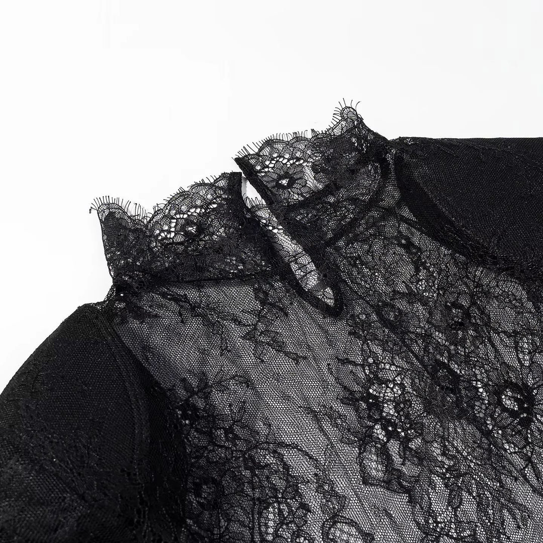 Damen nan transparente Spitzenbluse mit Stehkragen, Bindeschlüssel und Glockenärmeln Drune