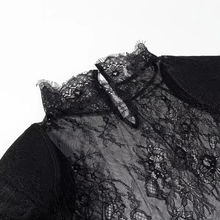 Damen nan transparente Spitzenbluse mit Stehkragen, Bindeschlüssel und Glockenärmeln Drune