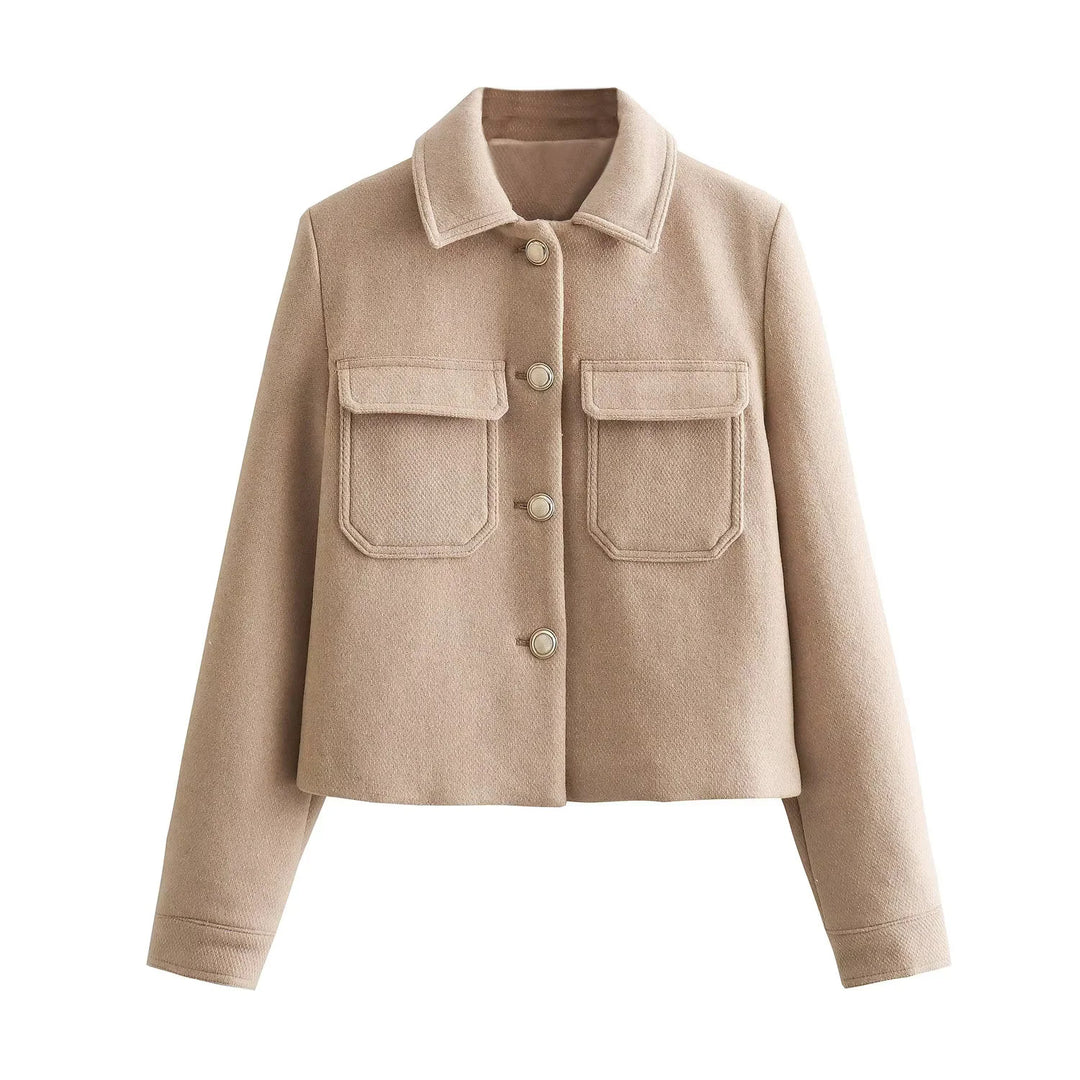 Damen nan kurze Wolloptik-Boxyjacke mit aufgesetzten Pattentaschen und klassischem Kragen Drune