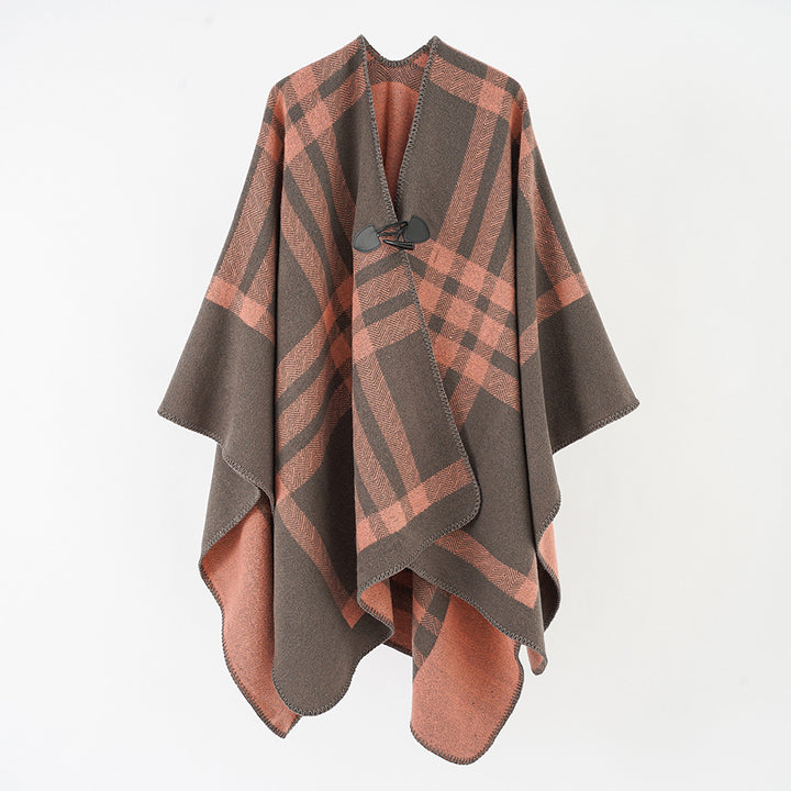 Damen Reversibler Wollmix-Poncho mit Knebelverschluss und Karomuster Drune