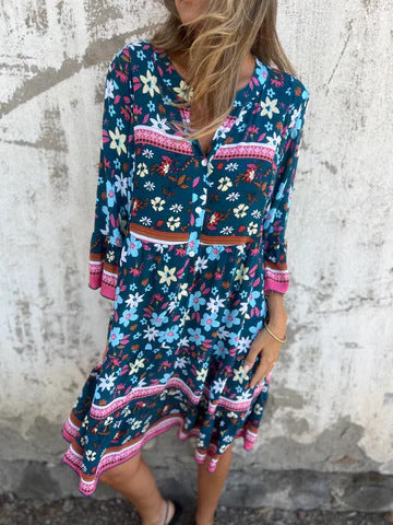 Damen Boho-Chic Kleid mit floralen Mustern und Knopfleiste Drune