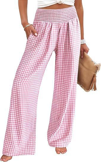 Damen Leichte Palazzo‑Hose mit Smokbund, weitem Bein und Karo‑Print Drune