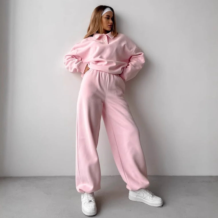 Damen sportliches Fleece-Set mit weiten Hosen und Polokragen Drune