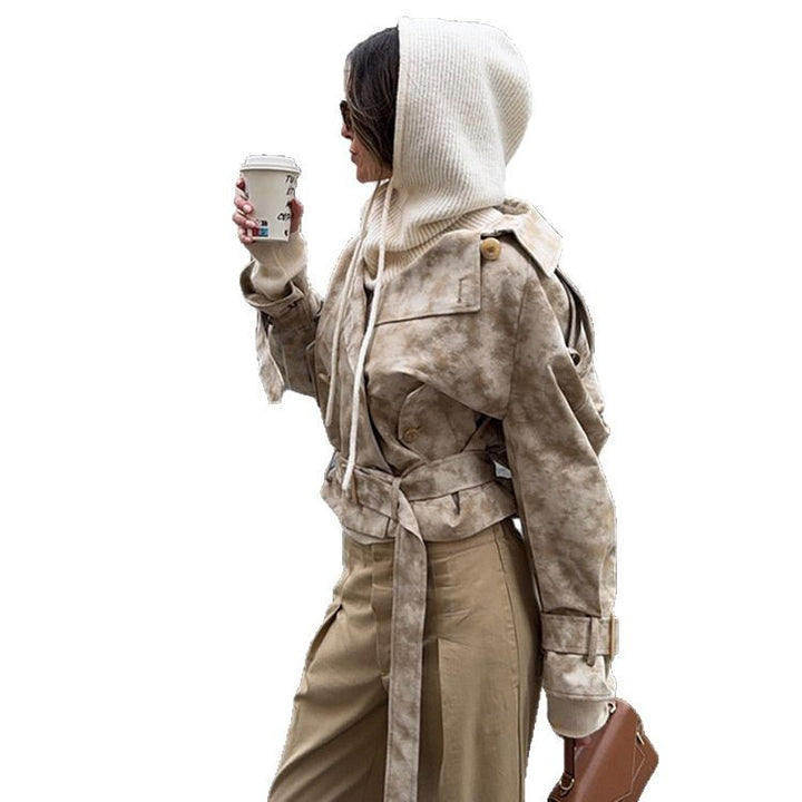 Damen modische Trenchcoat-Jacke mit Gürtel und Kapuze Drune