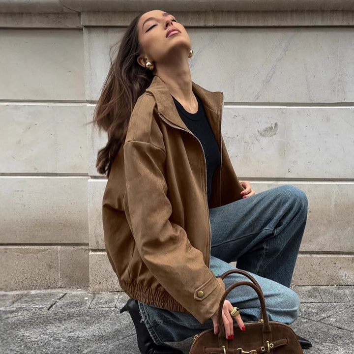Damen Modische Suede-Bomberjacke mit praktischen Taschen und Reißverschluss Drune