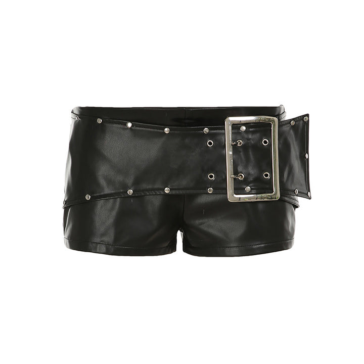 Damen Kunstleder-Shorts mit dekorativen Knopfdetails Drune