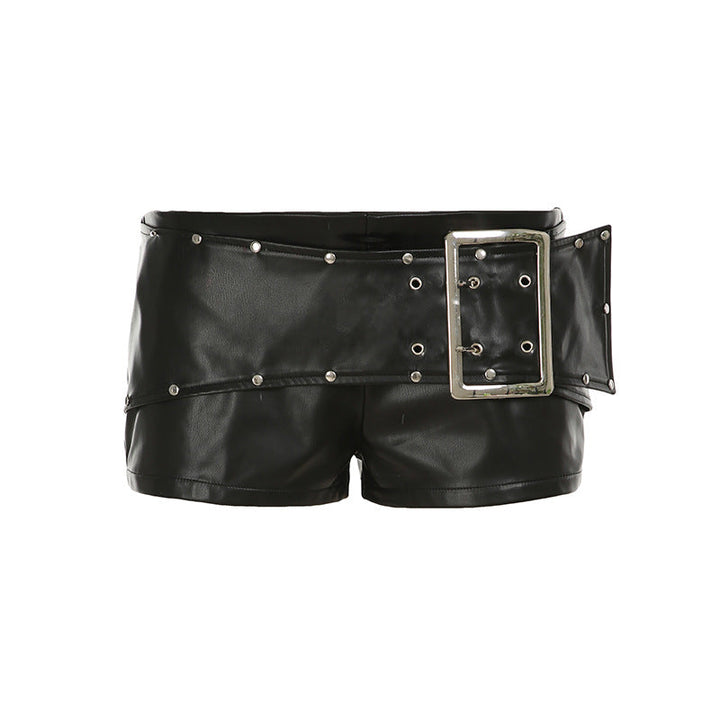 Damen Kunstleder-Shorts mit dekorativen Knopfdetails Drune