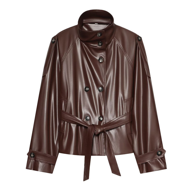 Damen Cropped Kunstlederblouson mit Hochkragen, doppelter Knopfleiste und Bindegürtel Drune