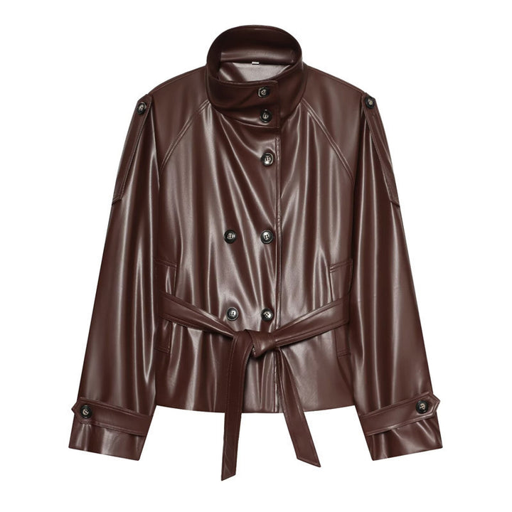 Damen Cropped Kunstlederblouson mit Hochkragen, doppelter Knopfleiste und Bindegürtel Drune