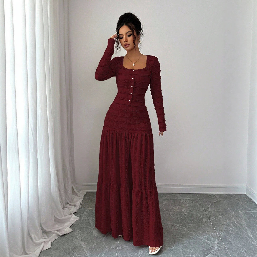 Damen Figurbetontes strukturiertes Maxikleid mit quadratischem Ausschnitt und Knopfleiste Drune