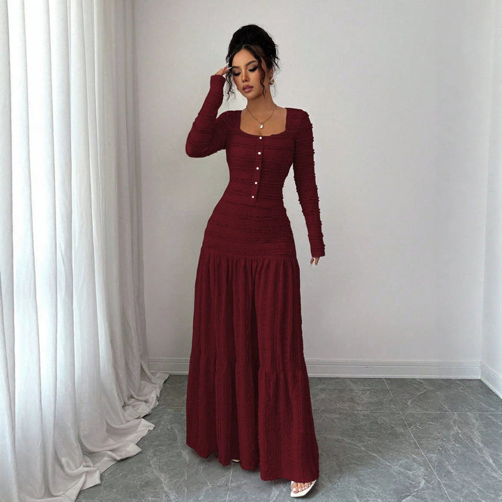 Damen Figurbetontes strukturiertes Maxikleid mit quadratischem Ausschnitt und Knopfleiste Drune