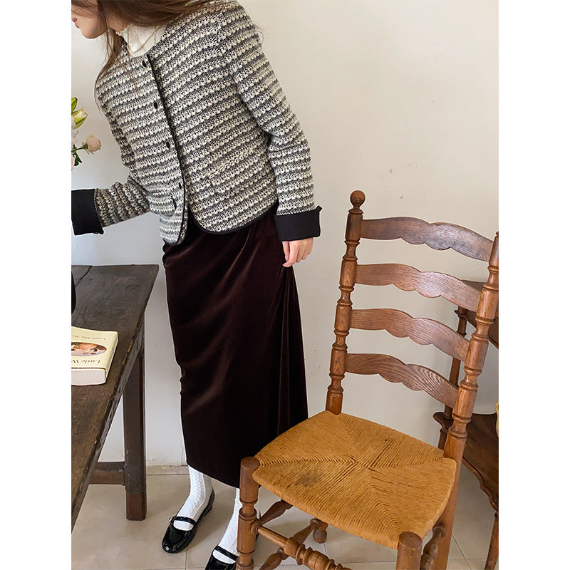 Damen modische Jacke im Tweed-Look mit Rundhalsausschnitt Drune