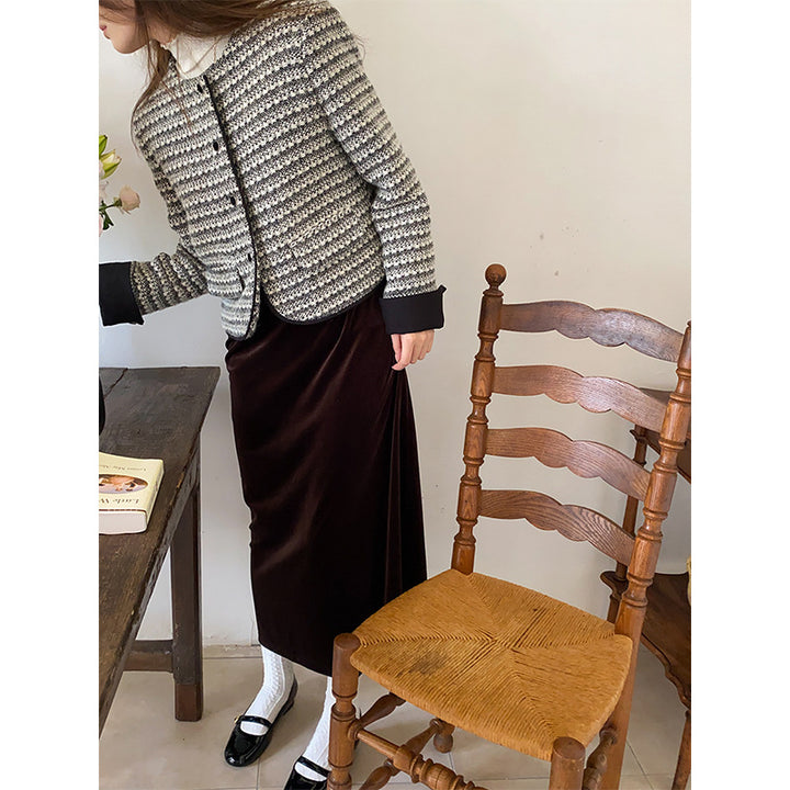 Damen modische Jacke im Tweed-Look mit Rundhalsausschnitt Drune