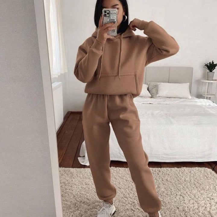 Damen lässiger Fleece-Sweatsuit mit cropped Hoodie und elastischer Hose Drune