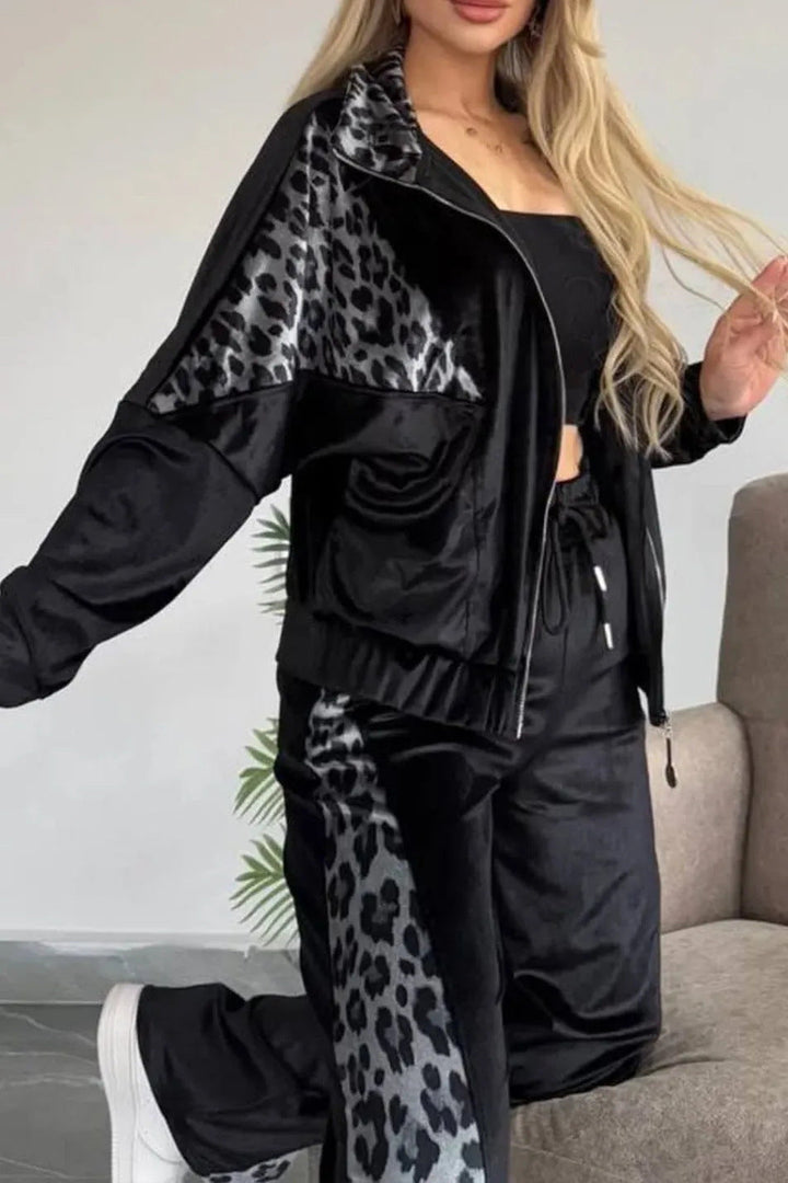 Drune | Leopardenmuster Kontrast Langarmjacke und Weite Hosen Zweiteiler Satz