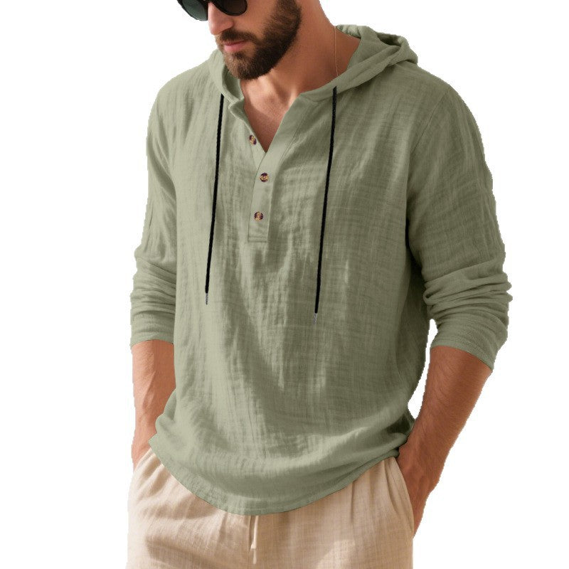 Herren nan lässiges Kapuzen-Henleyshirt in Leinenoptik mit durchgehender Knopfleiste und relaxed Fit Drune
