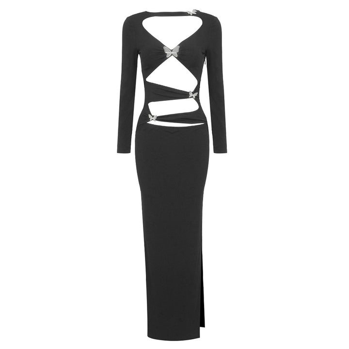 Damen Cut-Out Maxikleid mit Raffinierten Verzierungen Drune