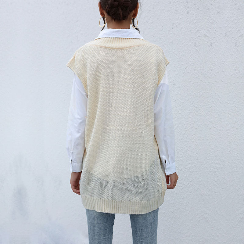Damen Langer Strickpullunder mit Zopfmuster und V‑Ausschnitt Drune
