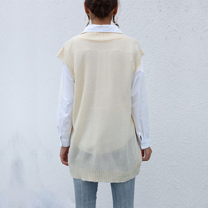Damen Langer Strickpullunder mit Zopfmuster und V‑Ausschnitt Drune