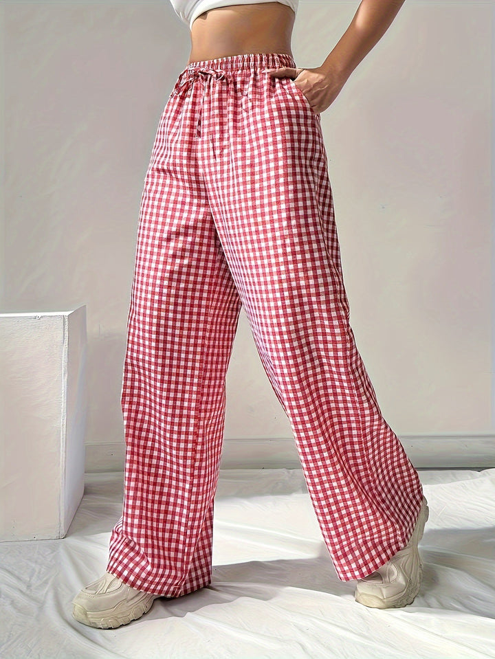 Damen Weite Karohose mit elastischem Bund und schickem Schnitt Drune