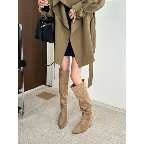 Damen kniehohe Slouch-Stiefel aus Veloursleder mit spitzer Zehenpartie Drune