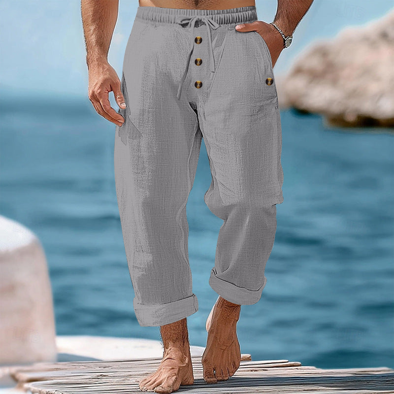 Herren nan lockere Leinen-Baumwoll-Hose mit elastischem Bund, Kordelzug und aufgekrempeltem Saum Drune